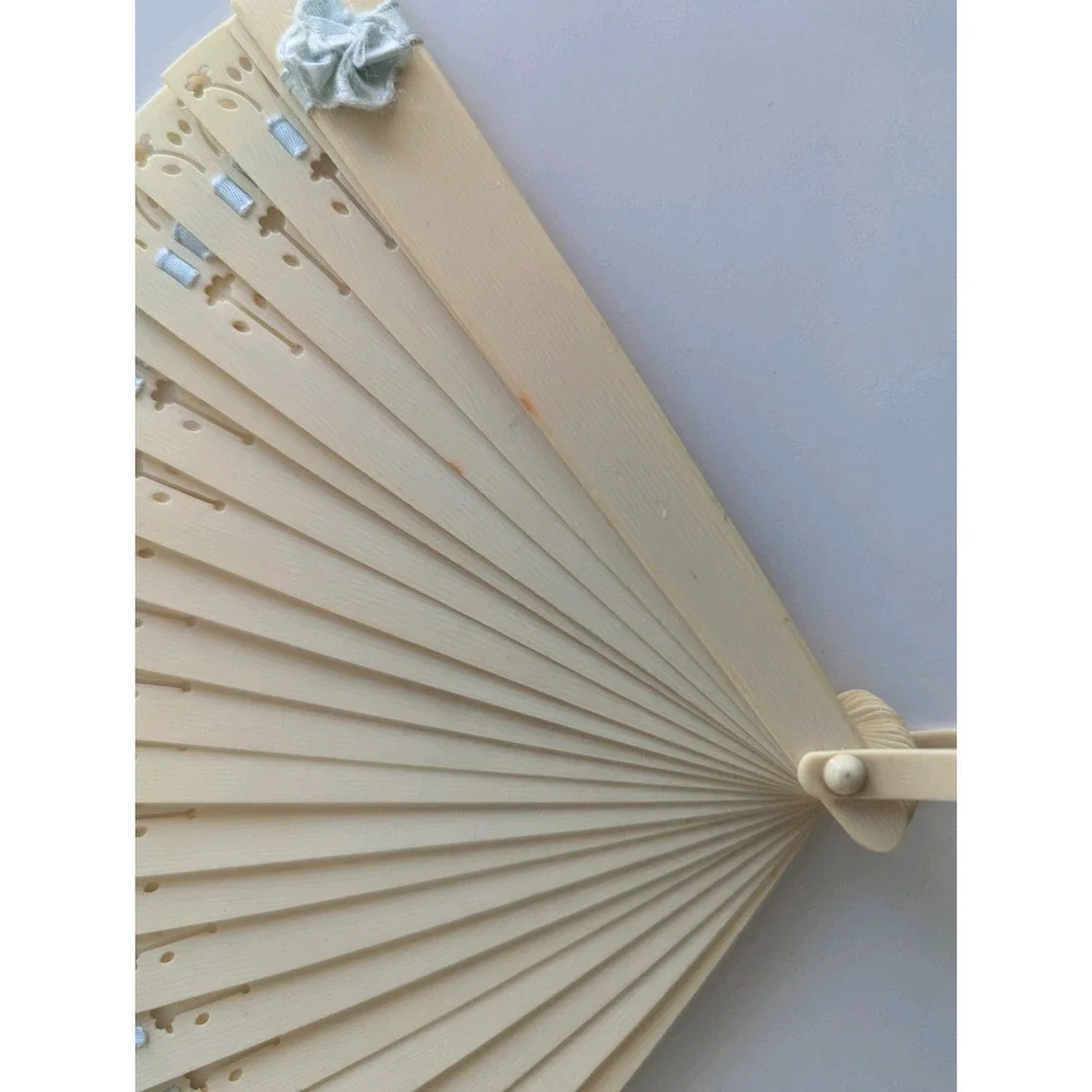 VTG Ivory Celluloid Plastic Fan with Blue Ribbon Accent Vintage 1920s or 30s